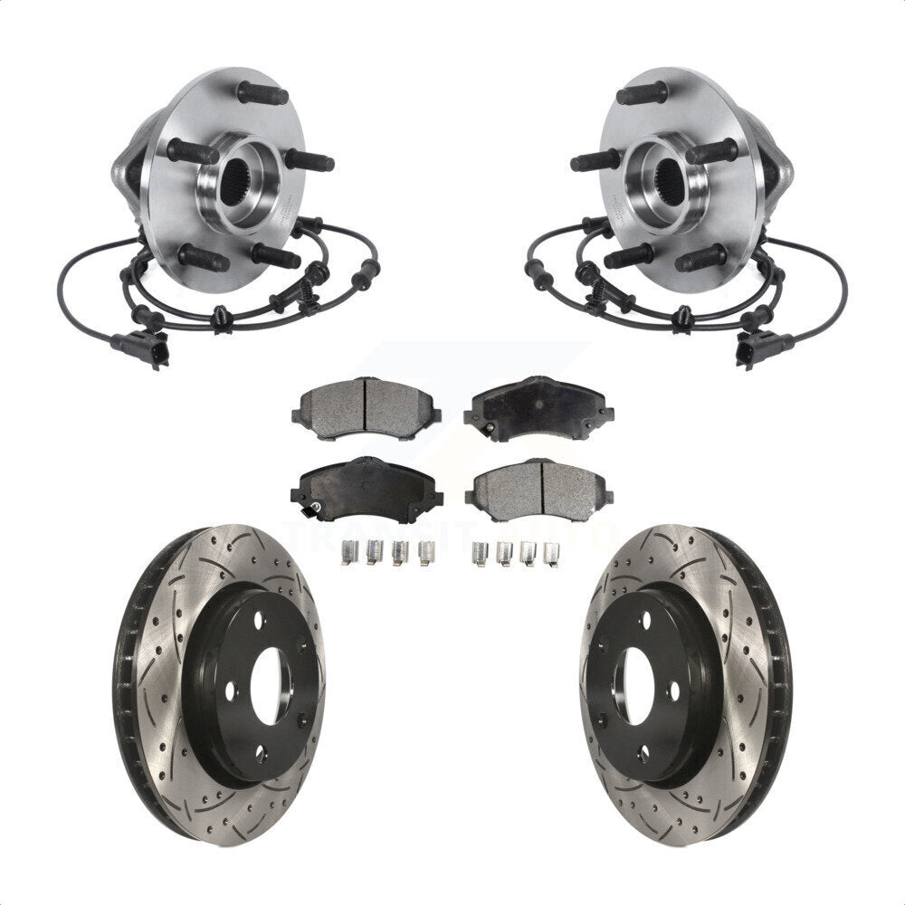 Front Hub Bearing Assembly Coated Drilled Slotted Brake Rotor & Pad Kit For Jeep Wrangler KBB-113550