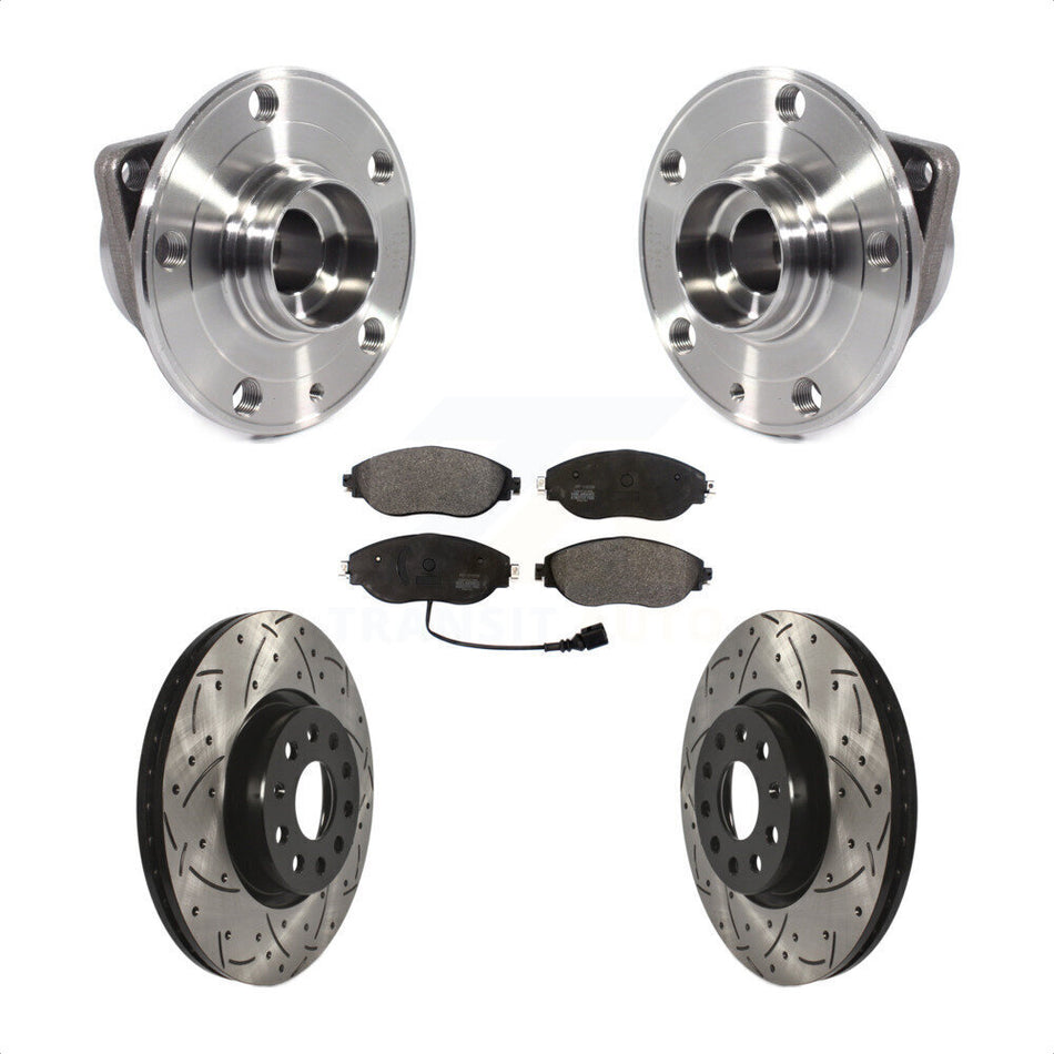 Front Hub Bearing Assembly With Coated Drilled Slotted Disc Brake Rotors And Semi-Metallic Pads Kit For 2015 Volkswagen GTI Performance Package KBB-113551
