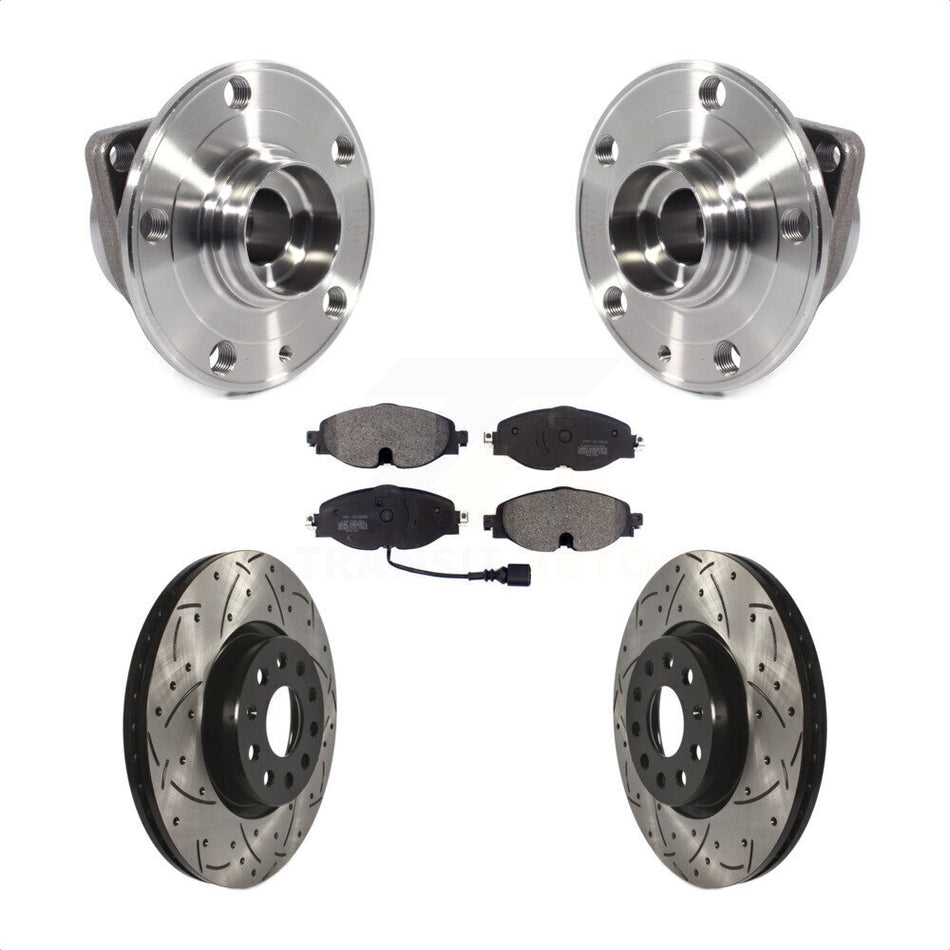 Front Hub Bearing Assembly With Coated Drilled Slotted Disc Brake Rotors And Semi-Metallic Pads Kit For Volkswagen GTI Audi Golf Alltrack A3 Sportback e-tron TT Quattro KBB-113552