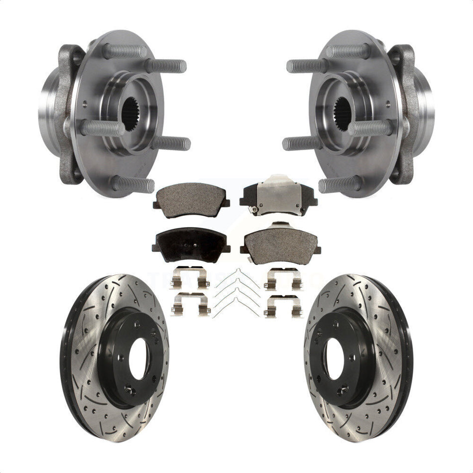 Front Hub Bearing Assembly With Coated Drilled Slotted Disc Brake Rotors And Semi-Metallic Pads Kit For Hyundai Elantra KBB-113564