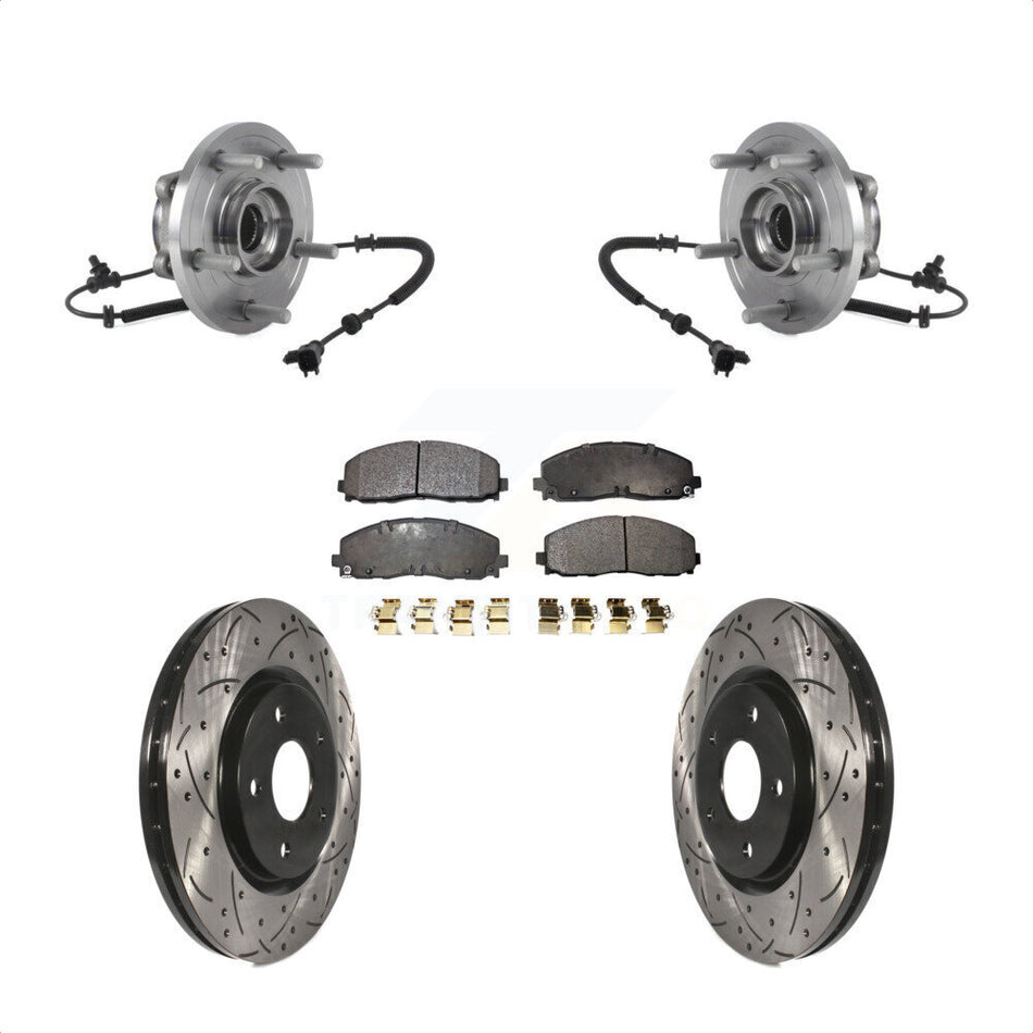 Front Hub Bearing Assembly With Coated Drilled Slotted Disc Brake Rotors And Semi-Metallic Pads Kit For Chrysler Pacifica Voyager Grand Caravan KBB-113566