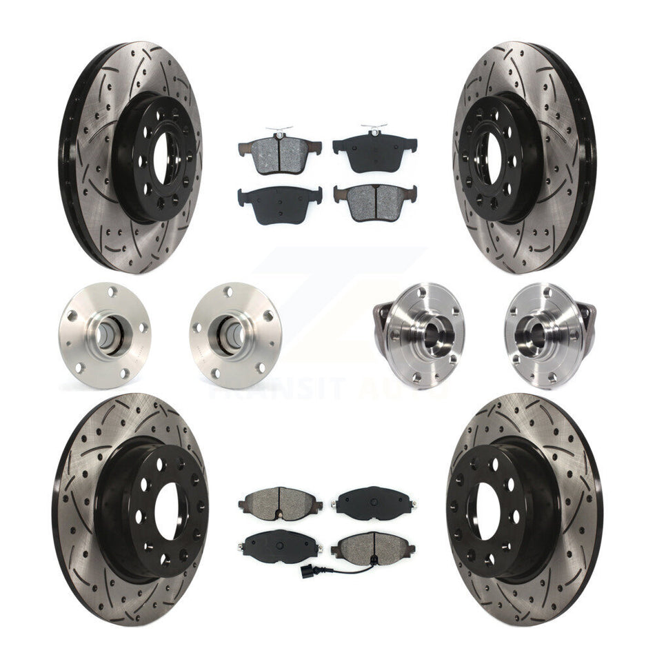 Front Rear Hub Bearings Assembly Coated Disc Brake Rotors And Semi-Metallic Pads Kit (10Pc) For 2016 Audi A3 Sedan with FWD 2.0L With 85mm Bearing Outer Diameter KBB-113577