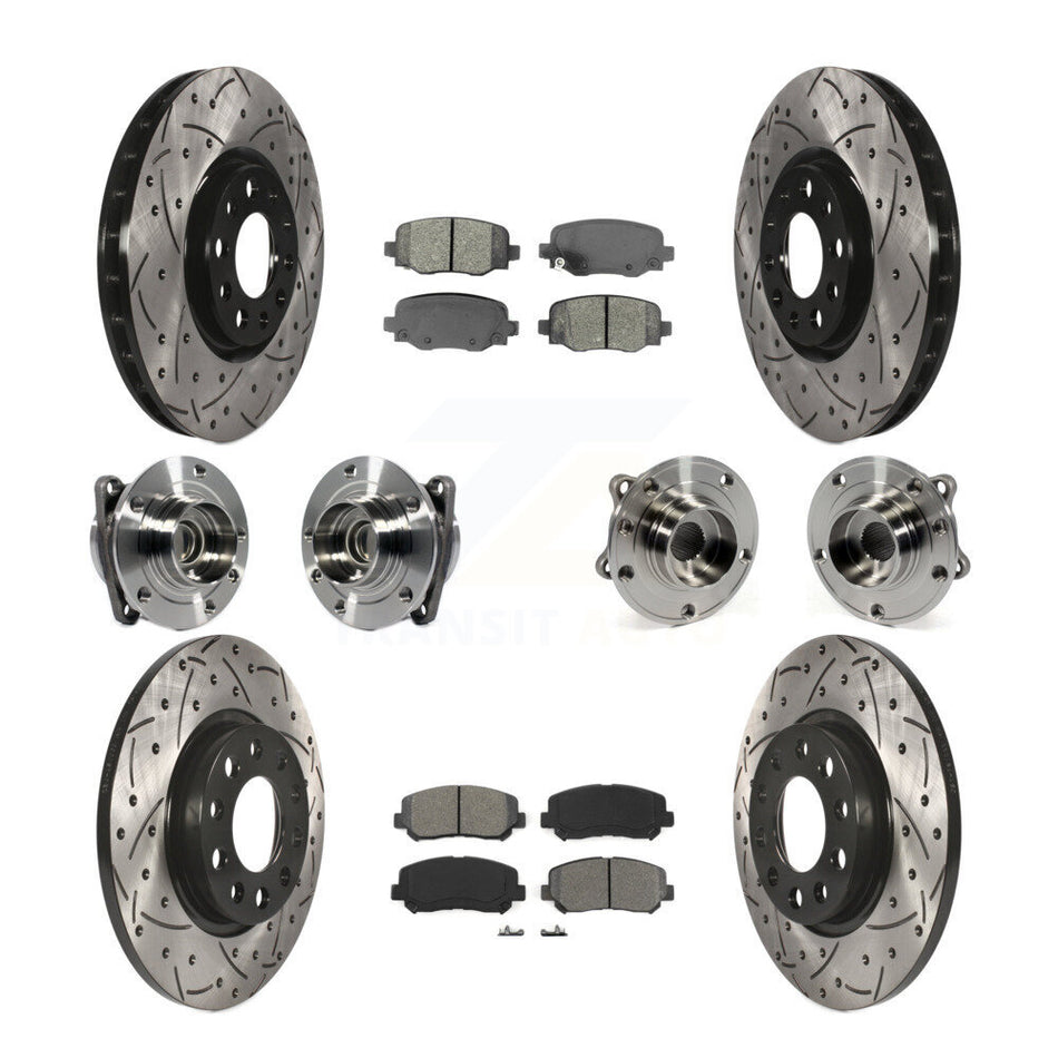 Front Rear Hub Bearings Assembly Coated Disc Brake Rotors And Semi-Metallic Pads Kit (10Pc) For 2015-2017 Chrysler 200 FWD With 305mm Diameter Rotor KBB-113586