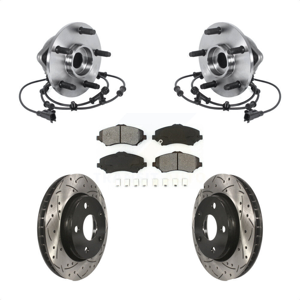 Front Hub Bearing Assembly Coated Drilled Slotted Brake Rotor & Pad Kit For Jeep Wrangler KBB-113610