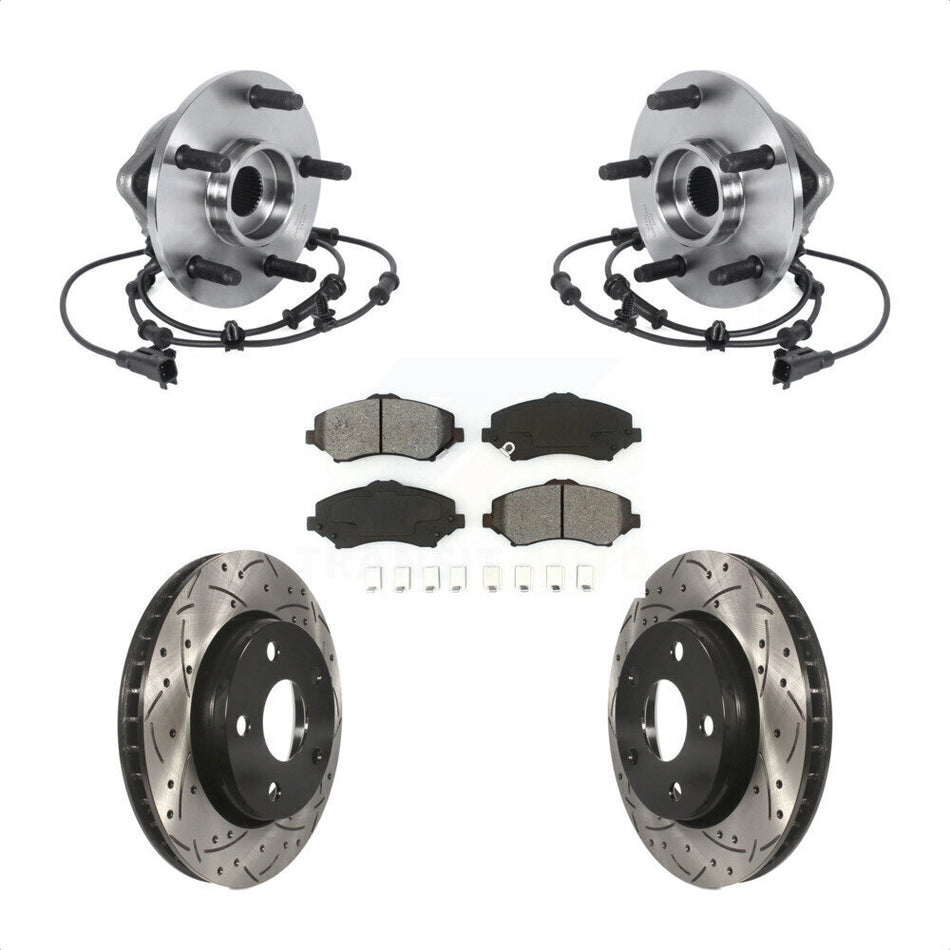 Front Hub Bearing Assembly Coated Drilled Slotted Brake Rotor & Pad Kit For Jeep Wrangler KBB-113610
