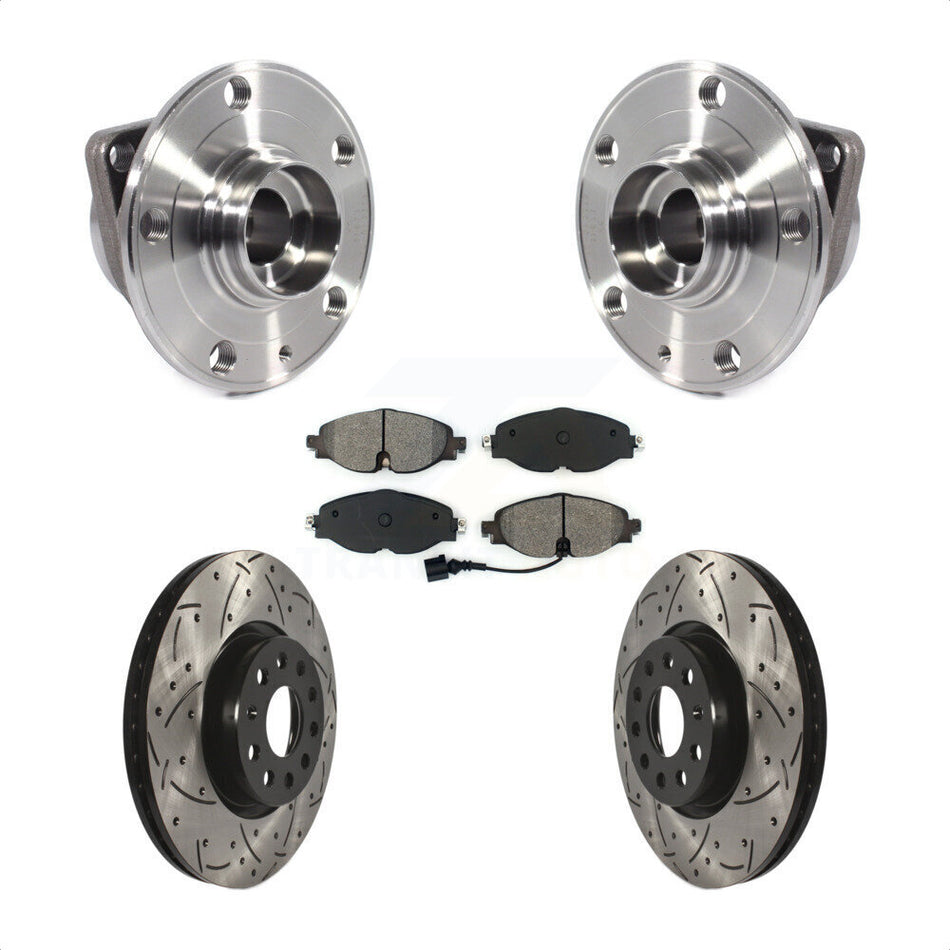 Front Hub Bearing Assembly With Coated Drilled Slotted Disc Brake Rotors And Semi-Metallic Pads Kit For Volkswagen GTI Audi Golf Alltrack A3 Sportback e-tron TT Quattro KBB-113611