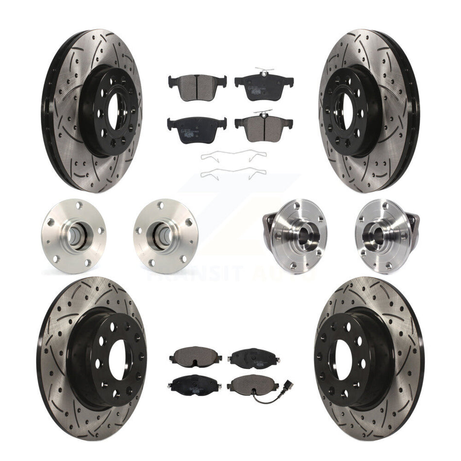 Front Rear Hub Bearings Assembly Coated Disc Brake Rotors And Ceramic Pads Kit (10Pc) For 2016 Audi A3 Sedan with FWD 2.0L With 85mm Bearing Outer Diameter KBB-113627