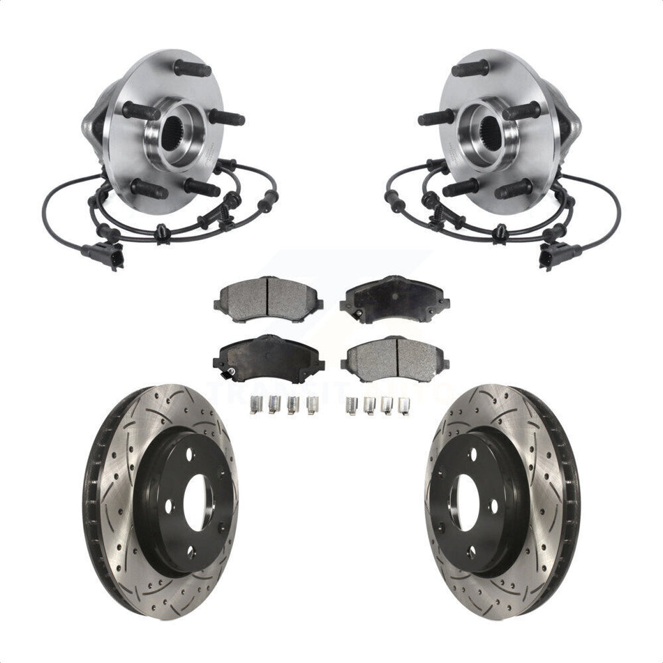 Front Hub Bearing Assembly Coated Drilled Slotted Brake Rotor & Pad Kit For Jeep Wrangler KBB-113670