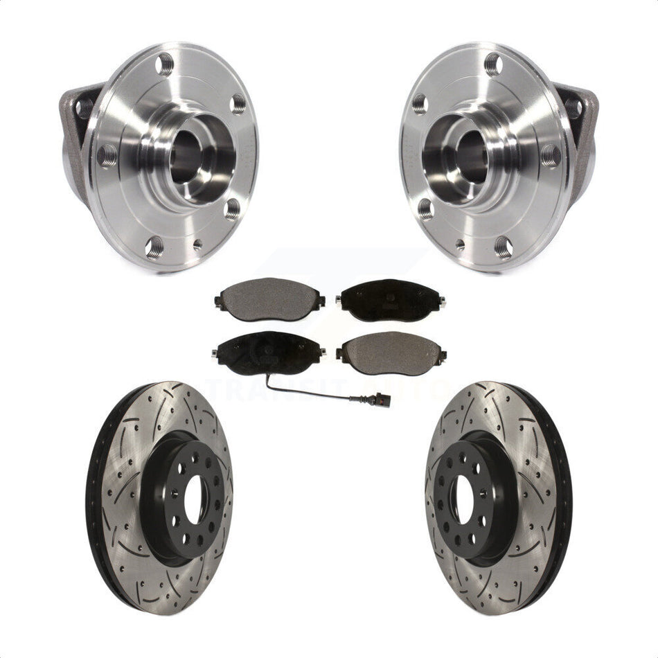 Front Hub Bearing Assembly With Coated Drilled Slotted Disc Brake Rotors And Ceramic Pads Kit For 2015 Volkswagen GTI Performance Package KBB-113671