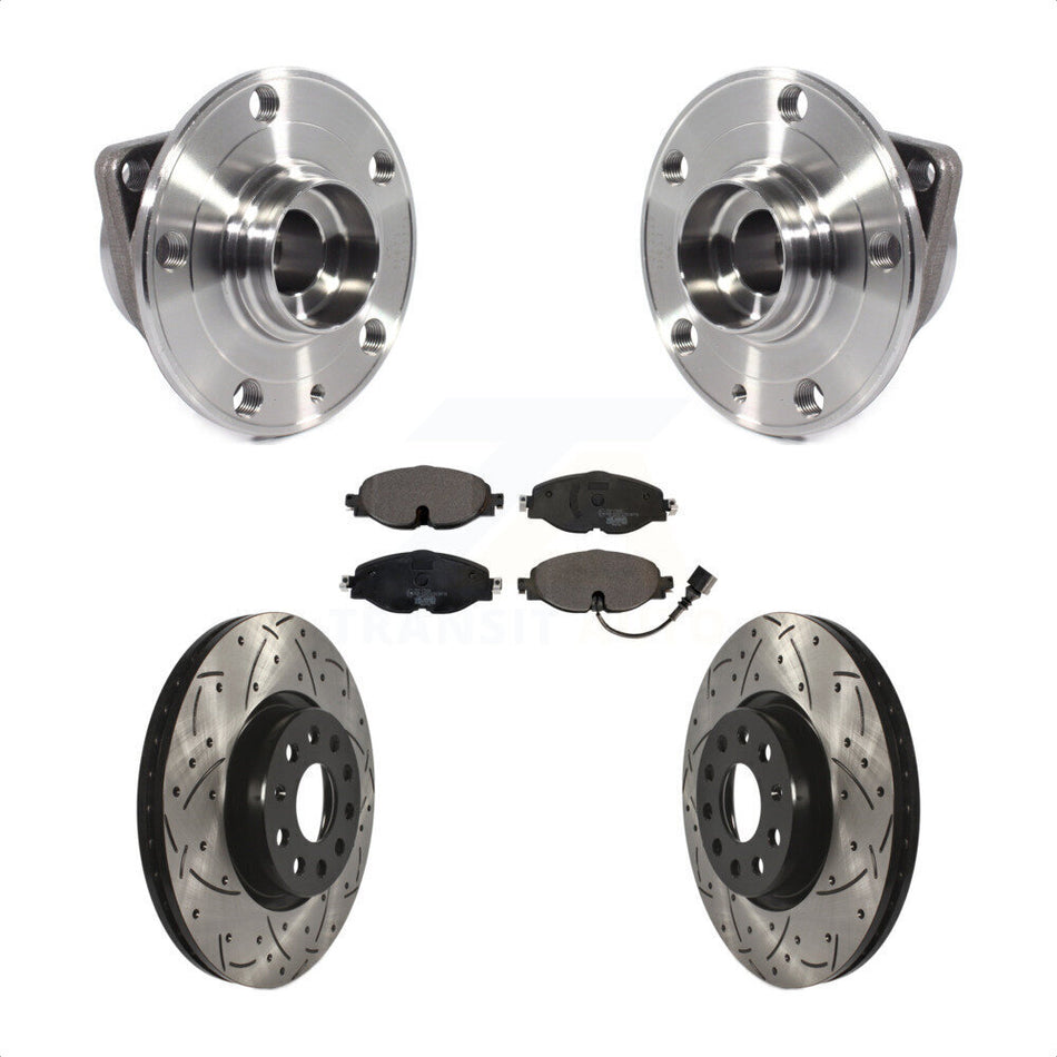 Front Hub Bearing Assembly With Coated Drilled Slotted Disc Brake Rotors And Ceramic Pads Kit For Volkswagen GTI Audi Golf Alltrack A3 Sportback e-tron TT Quattro KBB-113672