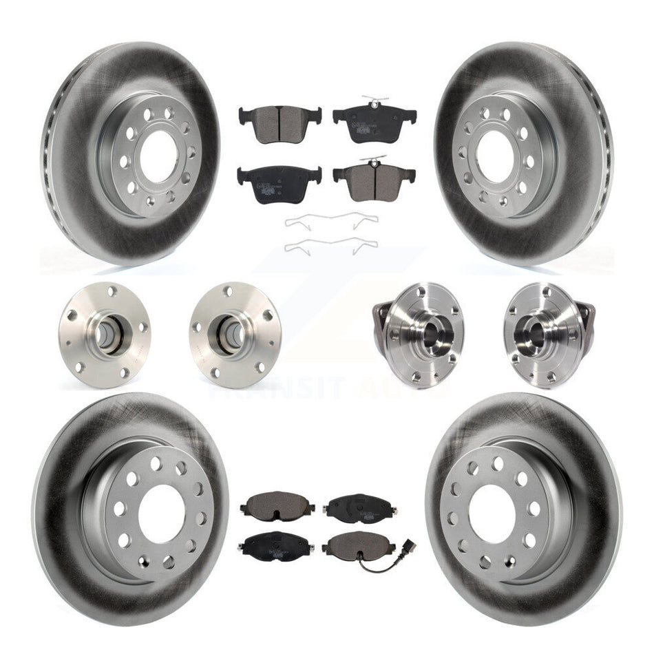 Front Rear Hub Bearings Assembly Coated Disc Brake Rotors And Ceramic Pads Kit (10Pc) For 2016 Audi A3 Sedan with FWD 2.0L With 85mm Bearing Outer Diameter KBB-113914
