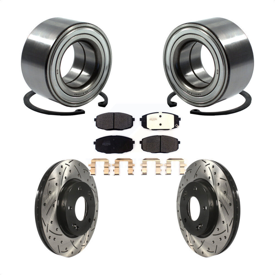 Front Wheel Bearing With Coated Drilled Slotted Disc Brake Rotors And Semi-Metallic Pads Kit For Kia Soul Forte KBB-114236