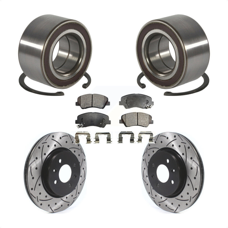 Front Wheel Bearing With Coated Drilled Slotted Disc Brake Rotors And Semi-Metallic Pads Kit For Kia Rio KBB-114244