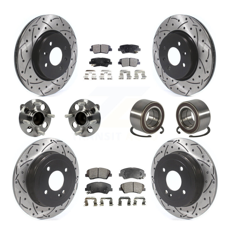 Front Rear Wheel Hub Bearings Assembly Coated Disc Brake Rotors And Ceramic Pads Kit (10Pc) For Kia Rio KBB-114258