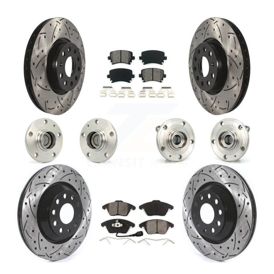 Front Rear Hub Bearings Assembly Coated Disc Brake Rotors And Semi-Metallic Pads Kit (10Pc) For 2009-2010 Volkswagen Passat CC FWD With 312mm Diameter Rotor KBB-114539