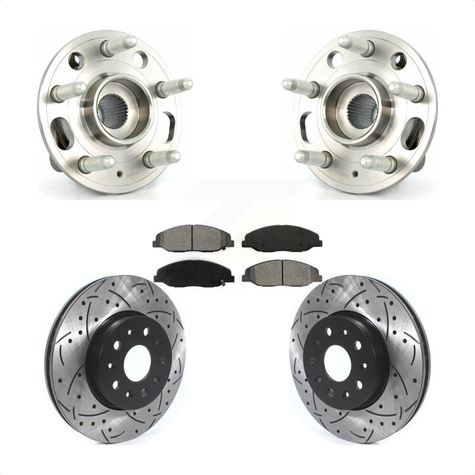 Front Hub Bearing Assembly With Coated Drilled Slotted Disc Brake Rotors And Semi-Metallic Pads Kit For Cadillac CTS Without Heavy Duty Brakes KBB-114554