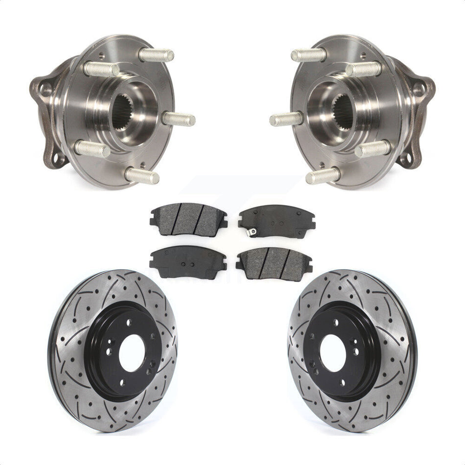 Front Hub Bearing Assembly With Coated Drilled Slotted Disc Brake Rotors And Semi-Metallic Pads Kit For Hyundai Tucson Kia Sportage KBB-114557