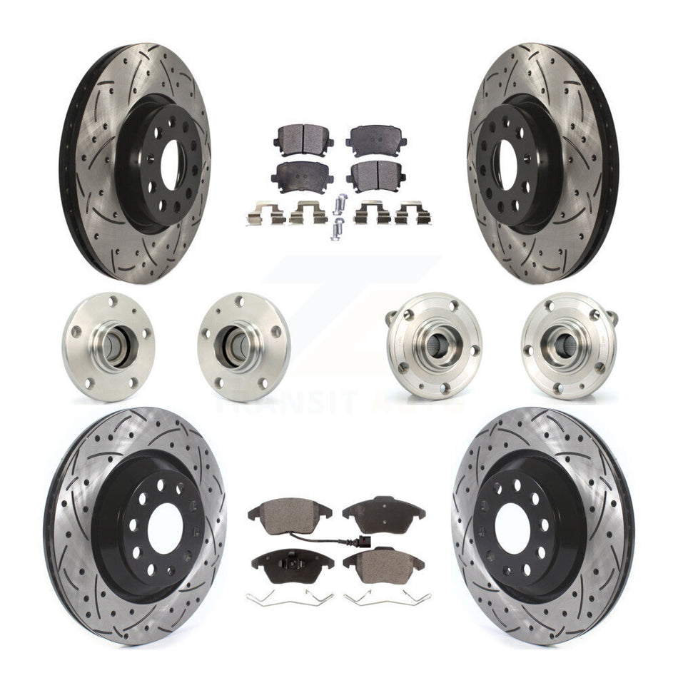 Front Rear Hub Bearings Assembly Coated Disc Brake Rotors And Ceramic Pads Kit (10Pc) For 2009-2010 Volkswagen Passat CC FWD With 312mm Diameter Rotor KBB-114562