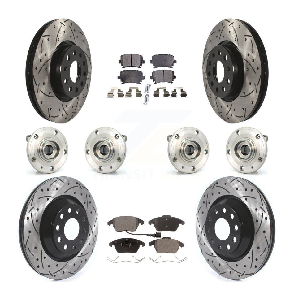 Front Rear Hub Bearings Assembly Coated Disc Brake Rotors And Ceramic Pads Kit (10Pc) For 2009-2010 Volkswagen Passat CC AWD With 312mm Diameter Rotor KBB-114573