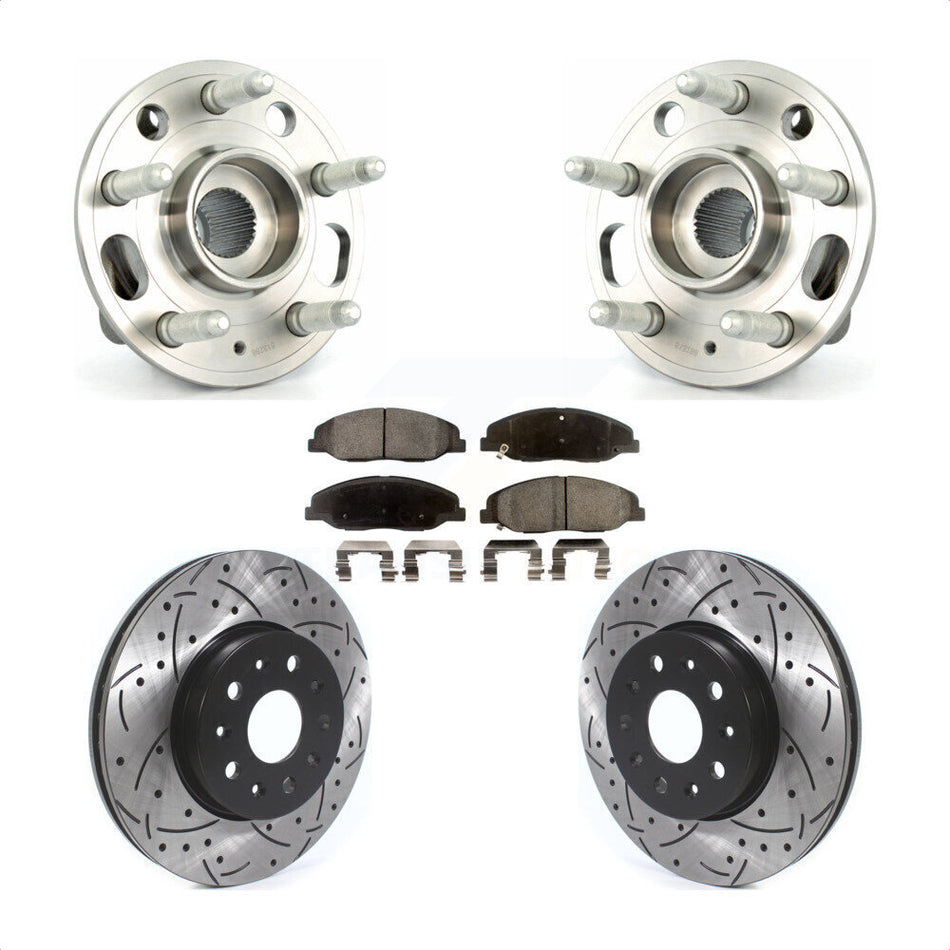 Front Hub Bearing Assembly With Coated Drilled Slotted Disc Brake Rotors And Ceramic Pads Kit For Cadillac CTS Without Heavy Duty Brakes KBB-114593