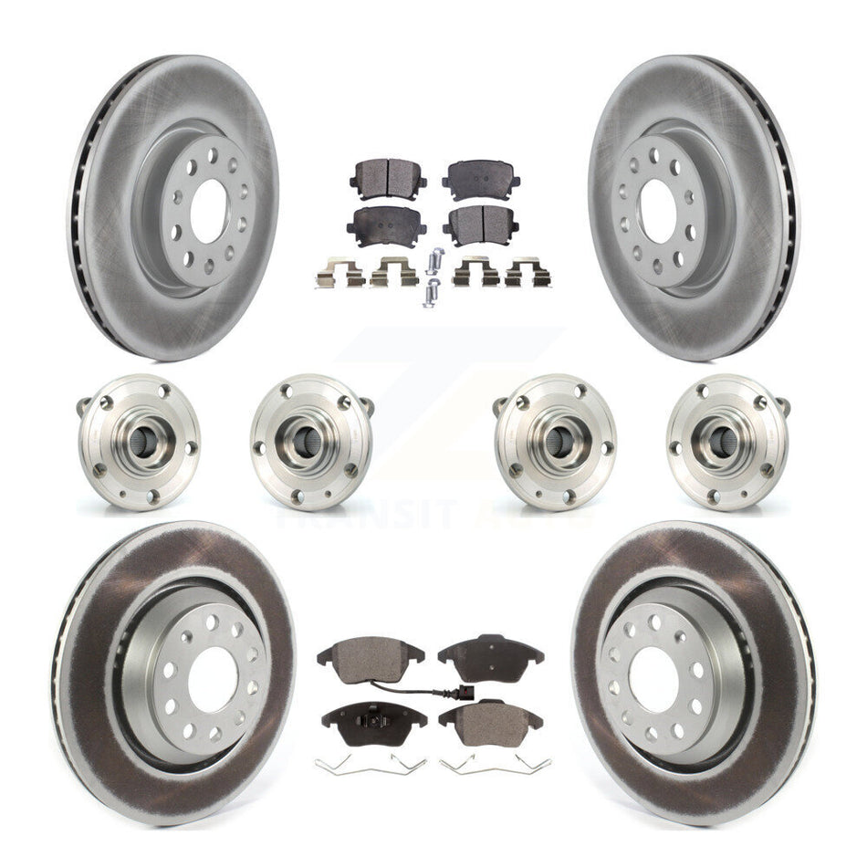 Front Rear Hub Bearings Assembly Coated Disc Brake Rotors And Ceramic Pads Kit (10Pc) For 2009-2010 Volkswagen Passat CC AWD With 312mm Diameter Rotor KBB-114746