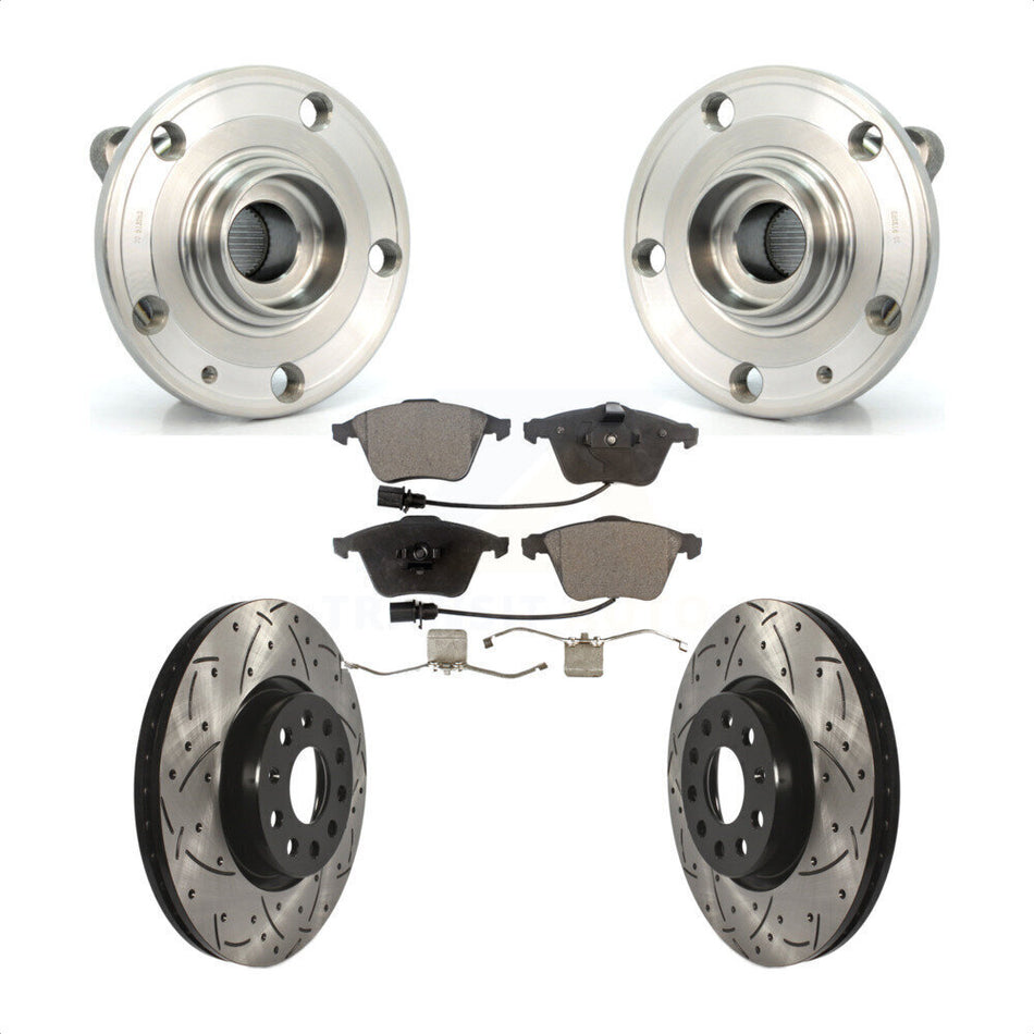 Front Hub Bearing Assembly With Coated Drilled Slotted Disc Brake Rotors And Semi-Metallic Pads Kit For Volkswagen CC Passat KBB-114931
