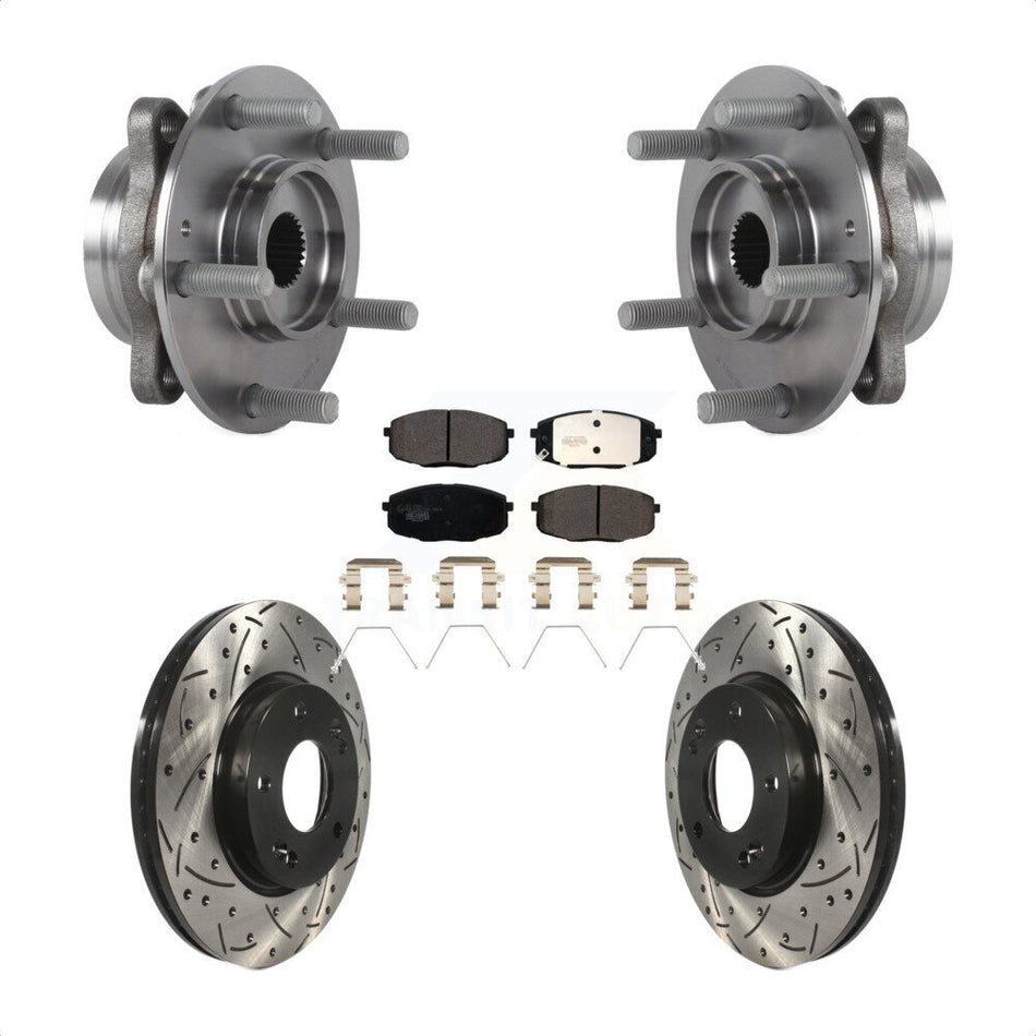Front Hub Bearing Assembly With Coated Drilled Slotted Disc Brake Rotors And Ceramic Pads Kit For 2018-2020 Hyundai Elantra GT Base KBB-115092