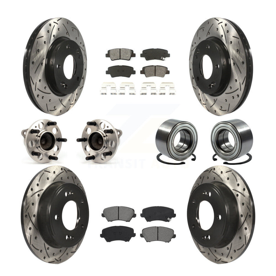 Front Rear Wheel Hub Bearings Assembly Coated Disc Brake Rotors And Semi-Metallic Pads Kit (10Pc) For Kia Forte Hyundai Elantra GT Forte5 KBB-115152