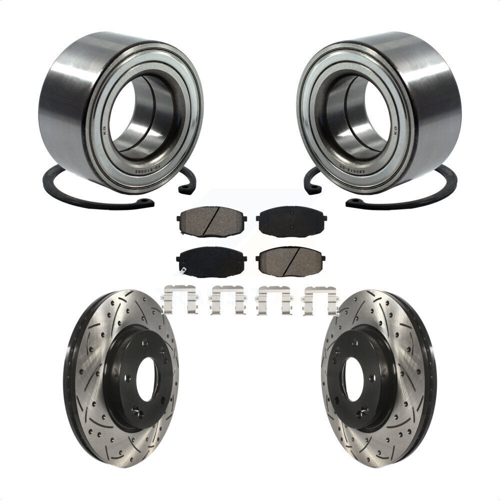 Front Wheel Bearing Coated Drilled Slotted Disc Brake Rotor & Pads Kit For Kia Soul Forte KBB-115166
