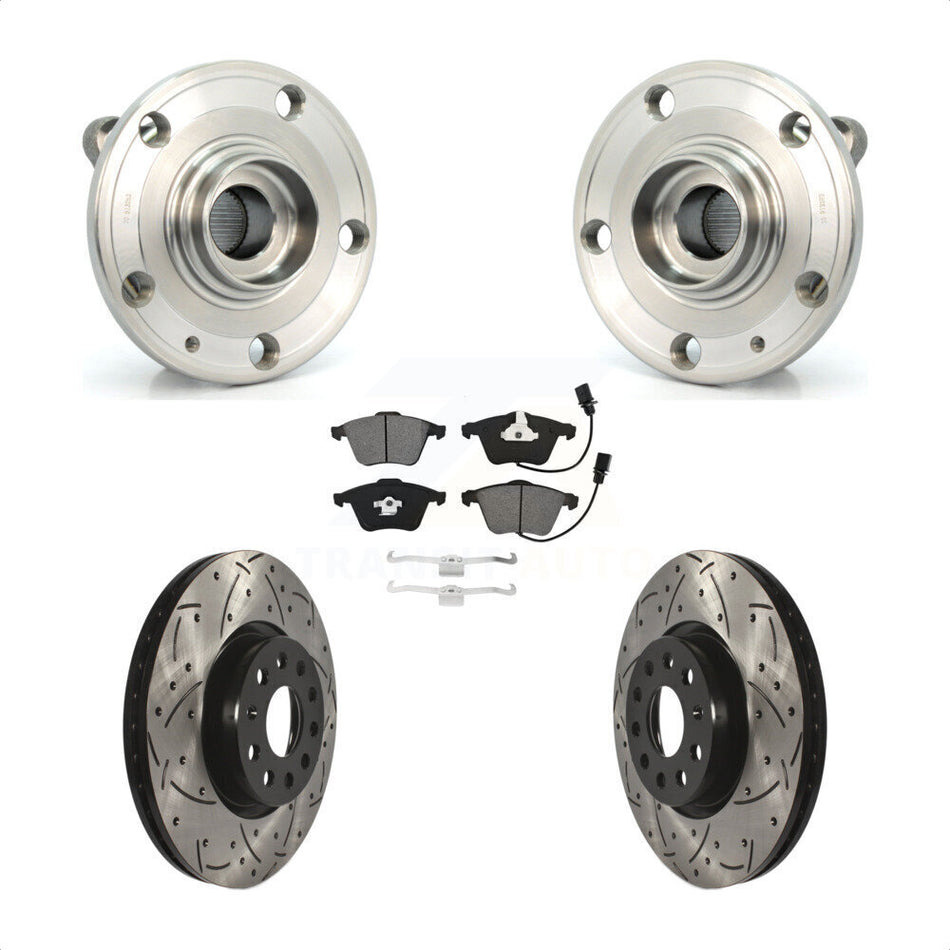 Front Hub Bearing Assembly With Coated Drilled Slotted Disc Brake Rotors And Semi-Metallic Pads Kit For Volkswagen CC Passat KBB-115253