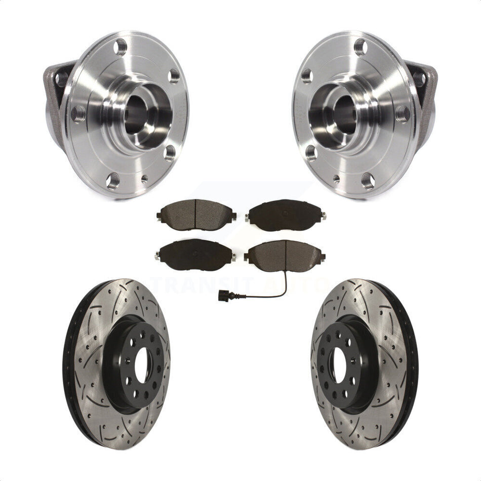 Front Hub Bearing Assembly With Coated Drilled Slotted Disc Brake Rotors And Semi-Metallic Pads Kit For 2015 Volkswagen GTI Performance Package KBB-115257