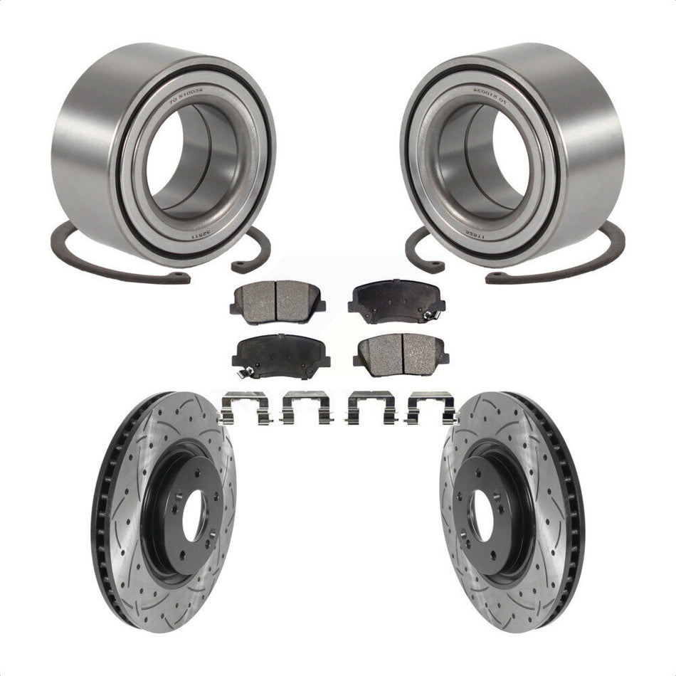 Front Wheel Bearing With Coated Drilled Slotted Disc Brake Rotors And Semi-Metallic Pads Kit For 2012-2017 Hyundai Azera KBB-115487