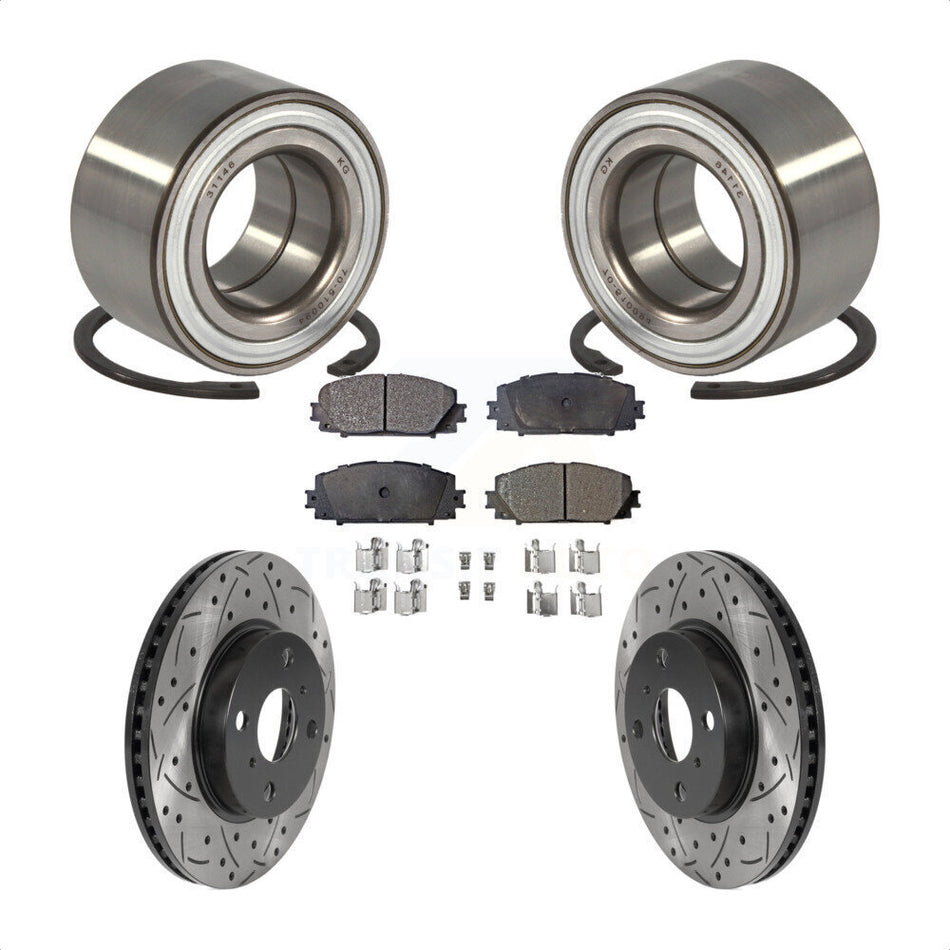 Front Wheel Bearing With Coated Drilled Slotted Disc Brake Rotors And Semi-Metallic Pads Kit For Toyota Yaris Prius C Scion iQ KBB-115501