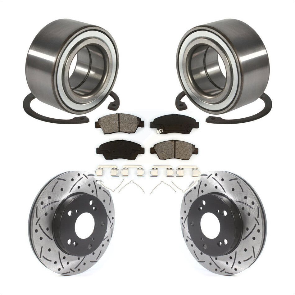 Front Wheel Bearing With Coated Drilled Slotted Disc Brake Rotors And Semi-Metallic Pads Kit For 2004 Honda Civic SiR KBB-115561