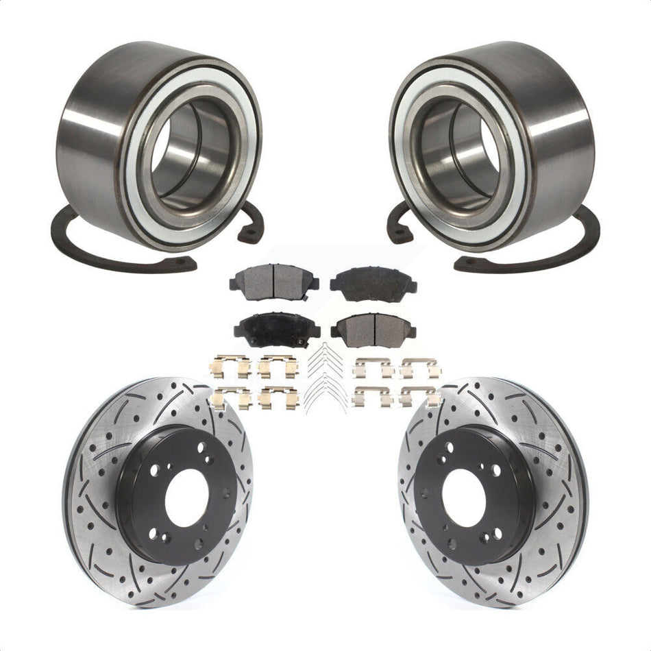 Front Wheel Bearing With Coated Drilled Slotted Disc Brake Rotors And Ceramic Pads Kit For 2004 Honda Civic SiR KBB-115635