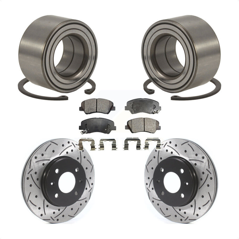 Front Wheel Bearing With Coated Drilled Slotted Disc Brake Rotors And Ceramic Pads Kit For 2012-2017 Hyundai Accent KBB-115641
