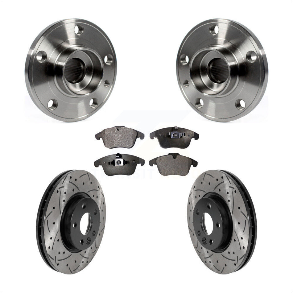 Front Hub Bearing Assembly With Coated Drilled Slotted Disc Brake Rotors And Semi-Metallic Pads Kit For Volvo S60 XC70 S80 V60 V70 300mm Diameter Rotor KBB-115797