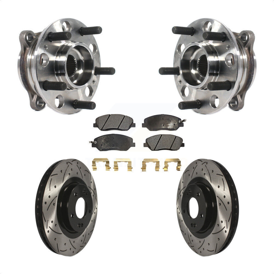 Front Hub Bearing Assembly With Coated Drilled Slotted Disc Brake Rotors And Semi-Metallic Pads Kit For 2015-2016 Hyundai Santa Fe XL 3.3L KBB-115813
