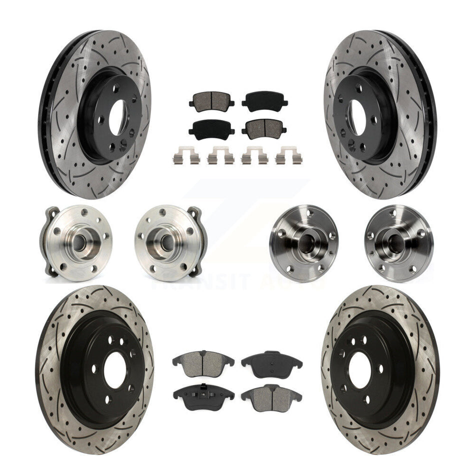 Front Rear Hub Bearings Assembly Coated Disc Brake Rotors And Semi-Metallic Pads Kit (10Pc) For 2013-2014 Volvo S60 3.0L With 300mm Diameter Rotor KBB-115846