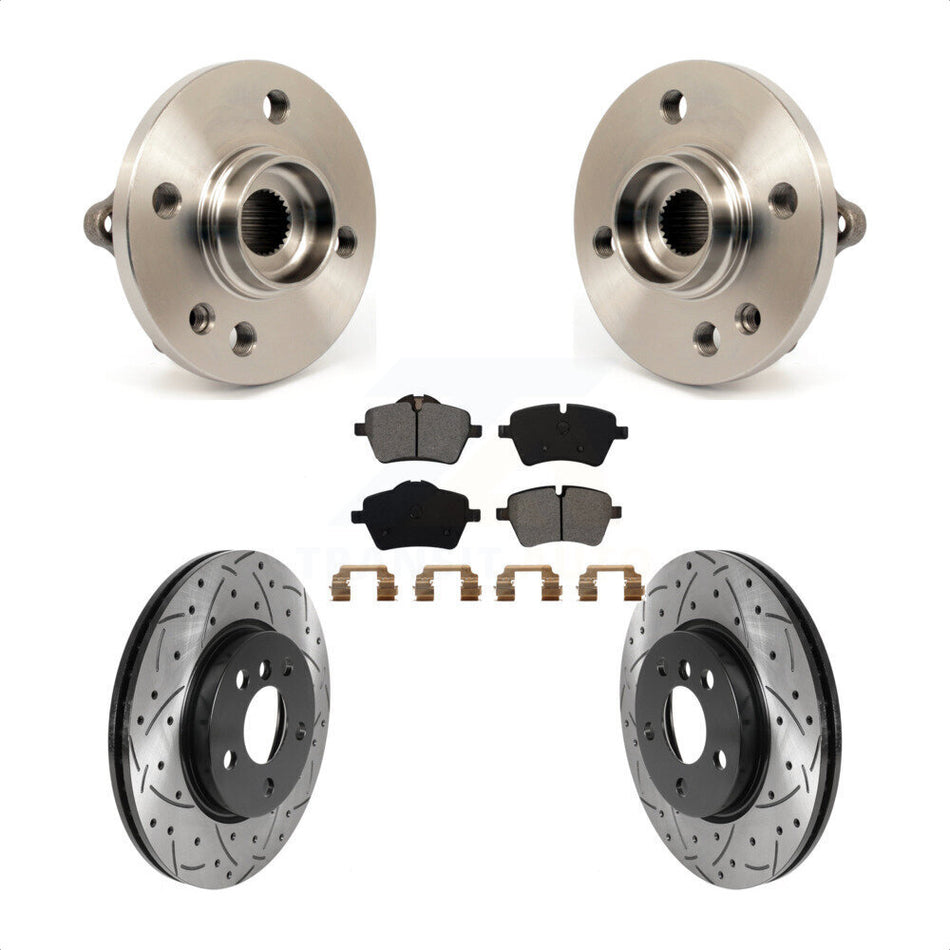 Front Hub Bearing Assembly With Coated Drilled Slotted Disc Brake Rotors And Pads Kit For 2014-2015 Mini Cooper Convertible Coupe 294mm Diameter Rotor 5 Lug Wheels KBB-115903
