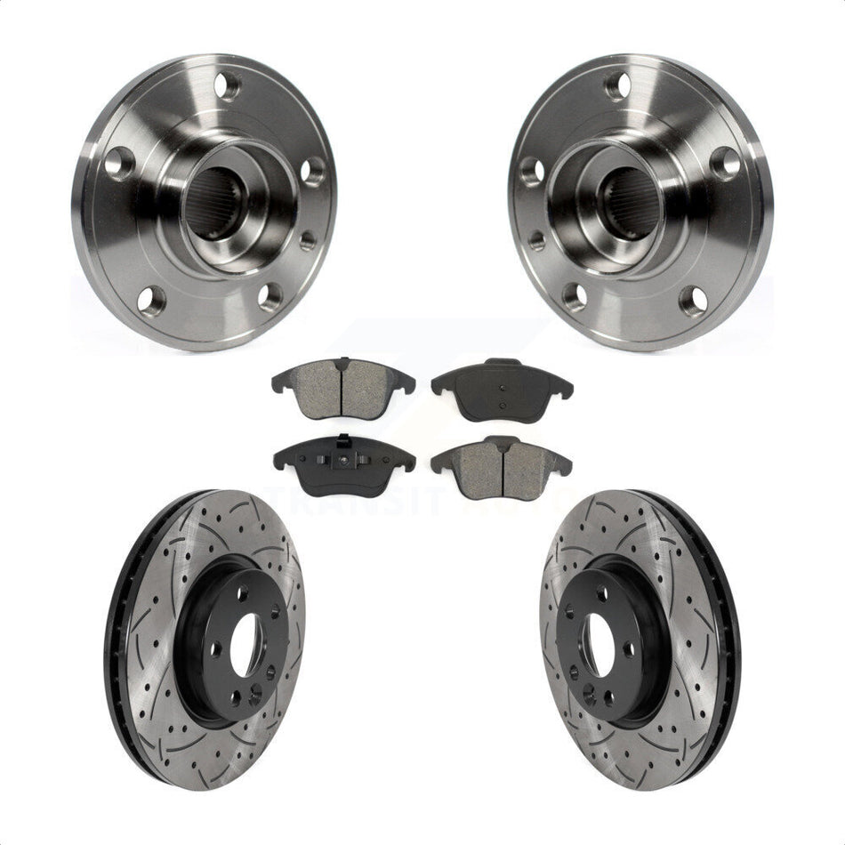 Front Hub Bearing Assembly With Coated Drilled Slotted Disc Brake Rotors And Semi-Metallic Pads Kit For Volvo S60 XC70 S80 V60 V70 300mm Diameter Rotor KBB-115908