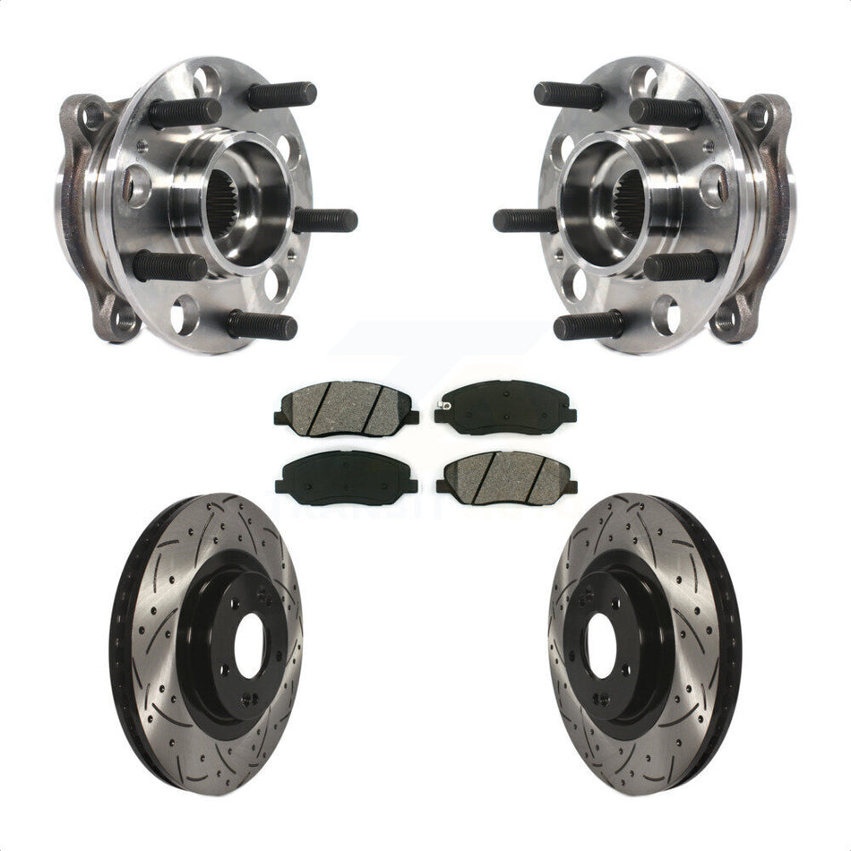Front Hub Bearing Assembly With Coated Drilled Slotted Disc Brake Rotors And Semi-Metallic Pads Kit For 2015-2016 Hyundai Santa Fe XL 3.3L KBB-115925