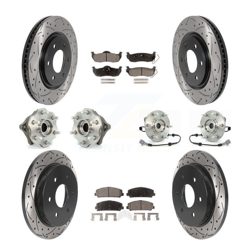 Front Rear Hub Bearings Assembly Coated Disc Brake Rotors And Ceramic Pads Kit (10Pc) For 2008 Nissan Armada AWD 4WD With Internal ABS KBB-115994