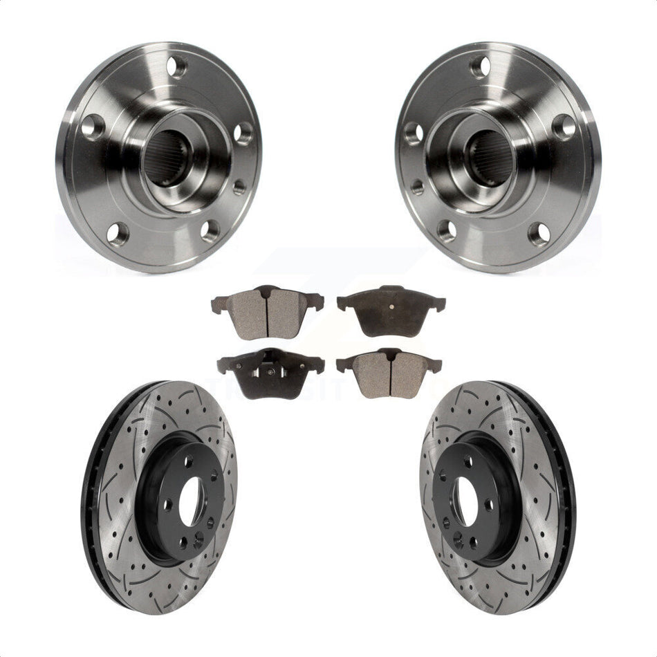 Front Hub Bearing Assembly With Coated Drilled Slotted Disc Brake Rotors And Ceramic Pads Kit For 2008 Volvo V70 300mm Diameter Rotor KBB-116024
