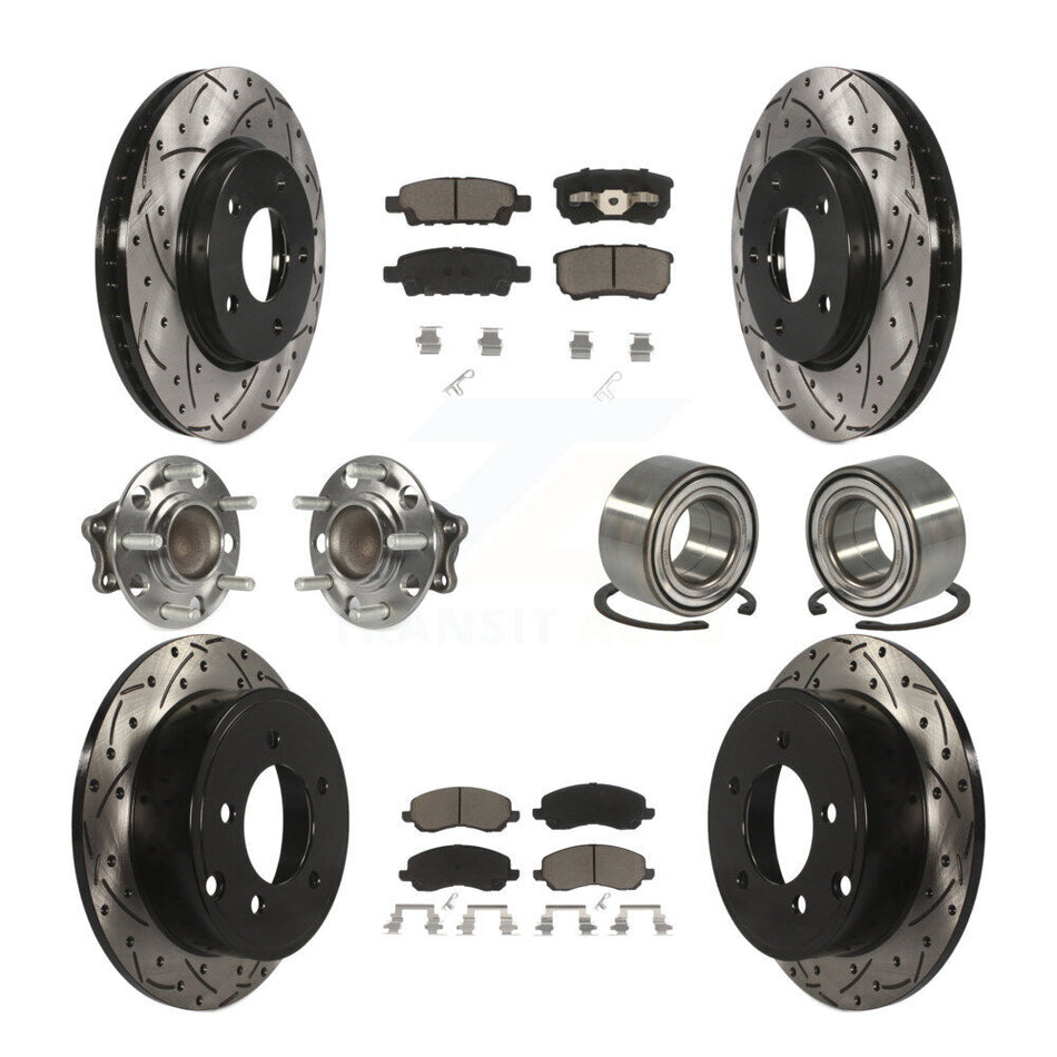 Front Rear Wheel Hub Bearings Assembly Coated Disc Brake Rotors And Ceramic Pads Kit (10Pc) For 2008-2009 Mitsubishi Lancer DE with FWD Non-ABS KBB-117522