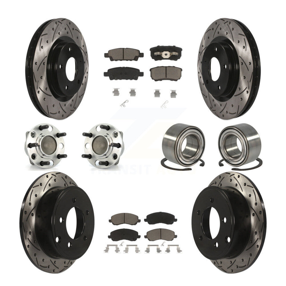 Front Rear Wheel Hub Bearings Assembly Coated Disc Brake Rotors And Ceramic Pads Kit (10Pc) For 2007 Dodge Caliber FWD with Drum rear brakes Non-ABS With 294mm Diameter Rotor KBB-117524