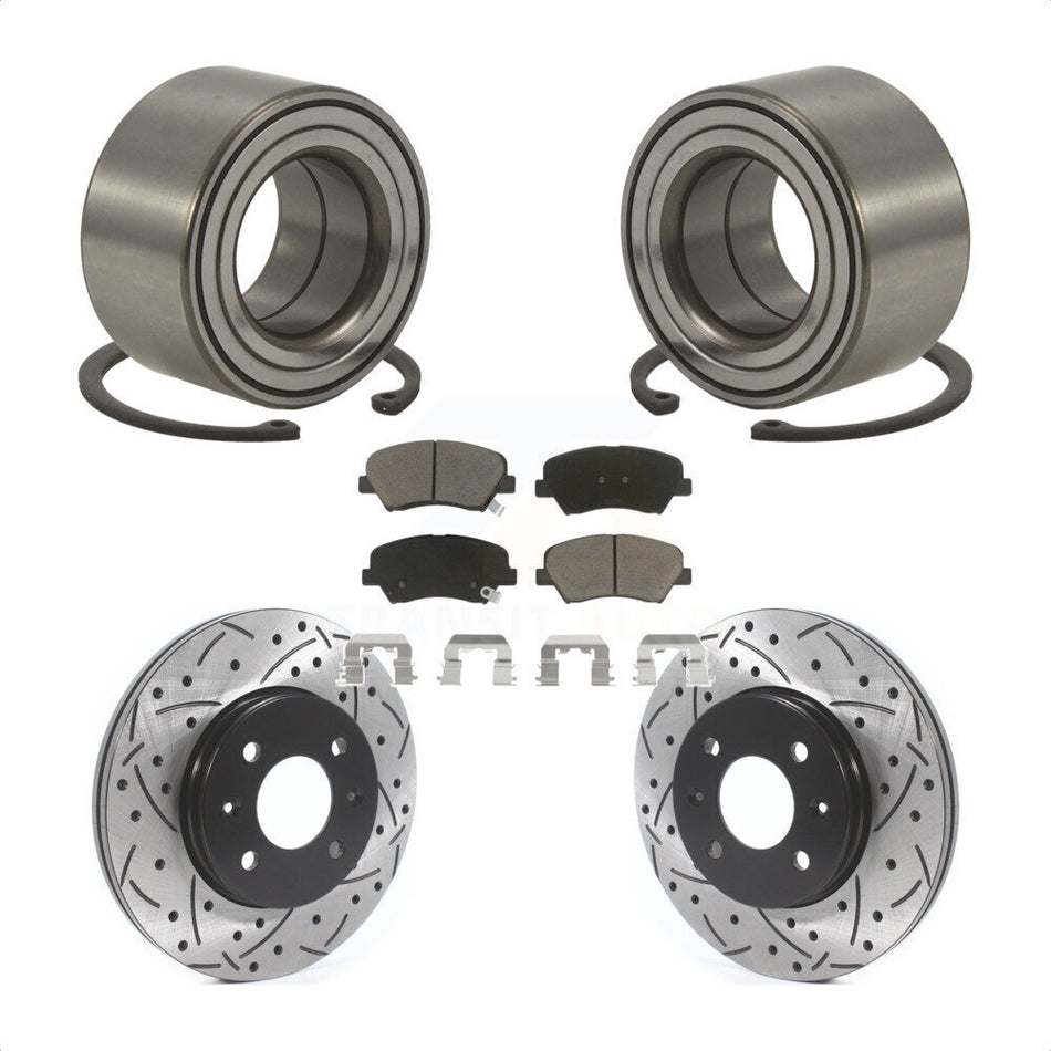 Front Wheel Bearing With Coated Drilled Slotted Disc Brake Rotors And Ceramic Pads Kit For 2012-2017 Hyundai Accent KBB-117642