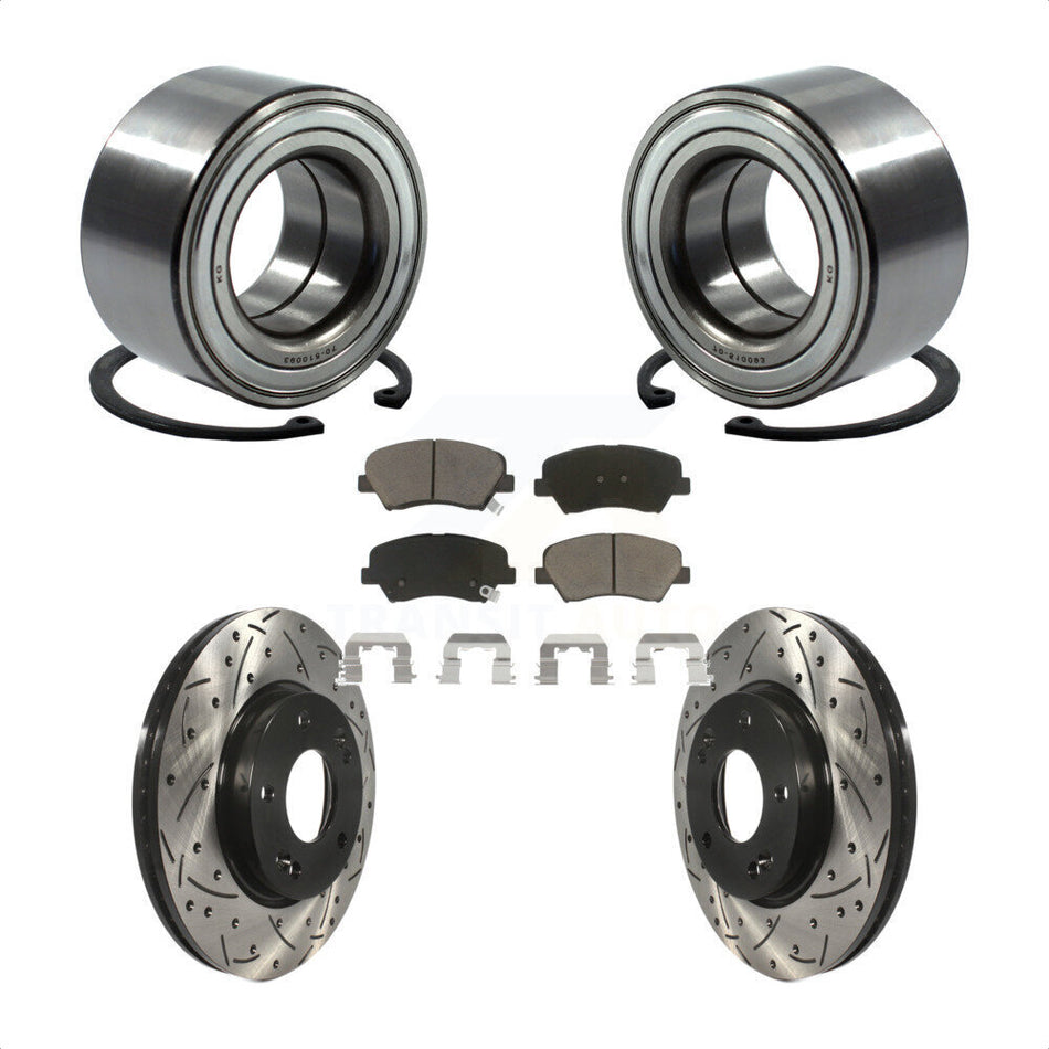 Front Wheel Bearing With Coated Drilled Slotted Disc Brake Rotors And Ceramic Pads Kit For Hyundai Elantra Kia Forte Veloster GT Forte5 Coupe Koup KBB-117643