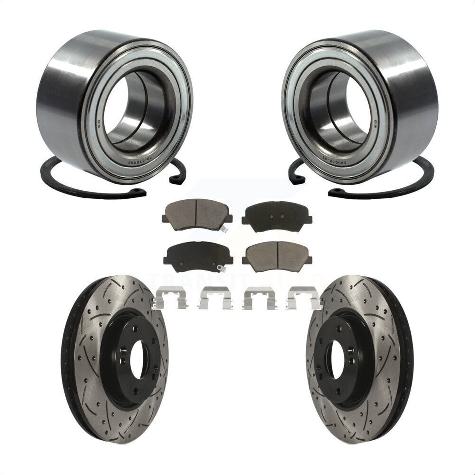 Front Wheel Bearing With Coated Drilled Slotted Disc Brake Rotors And Ceramic Pads Kit For 2015 Hyundai Veloster Tech RE FLEX SE KBB-117648