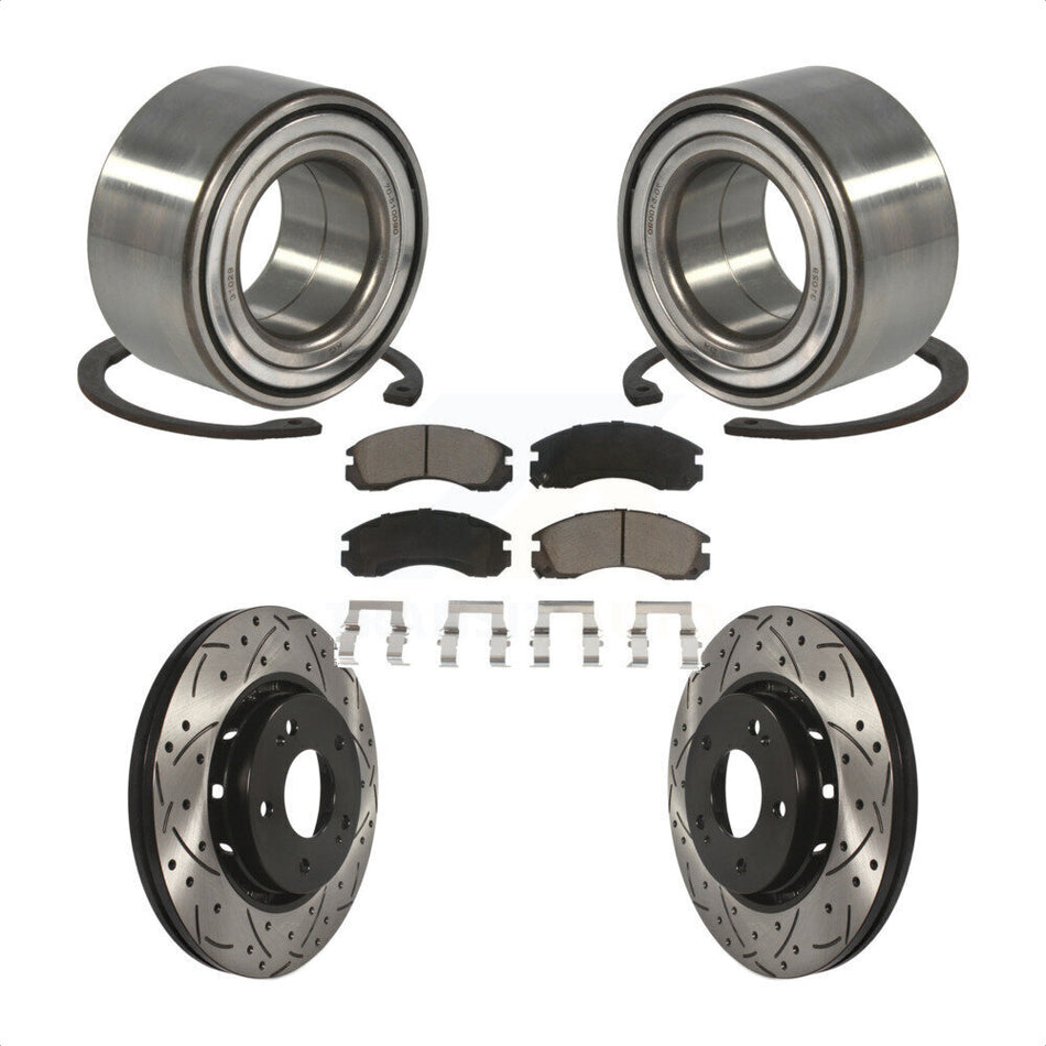 Front Wheel Bearing With Coated Drilled Slotted Disc Brake Rotors And Ceramic Pads Kit For 2009 Mitsubishi Lancer Ralliart with AWD From 04 09 KBB-117655